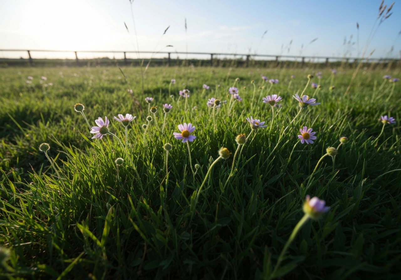 Touffe d’herbe et petites fleurs, éclairées de gauche, ombres cohérentes vers la droite.