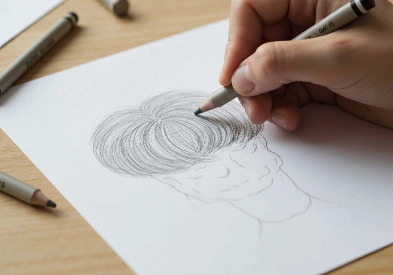 Main tenant un crayon dessinant une touffe de cheveux en étapes, avec zones claires et ombrées.