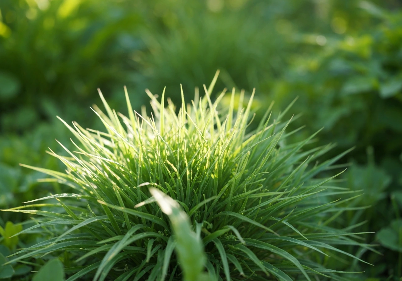 Touffe d’herbe verte éclairée par une lumière douce, coups de pinceau impressionnistes abstraits