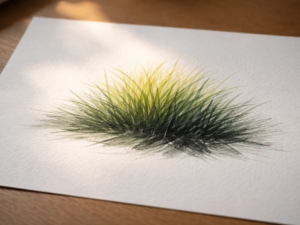 Gros plan sur un échantillon d’herbe en dessin, montrant plusieurs tons et une transition de lumière