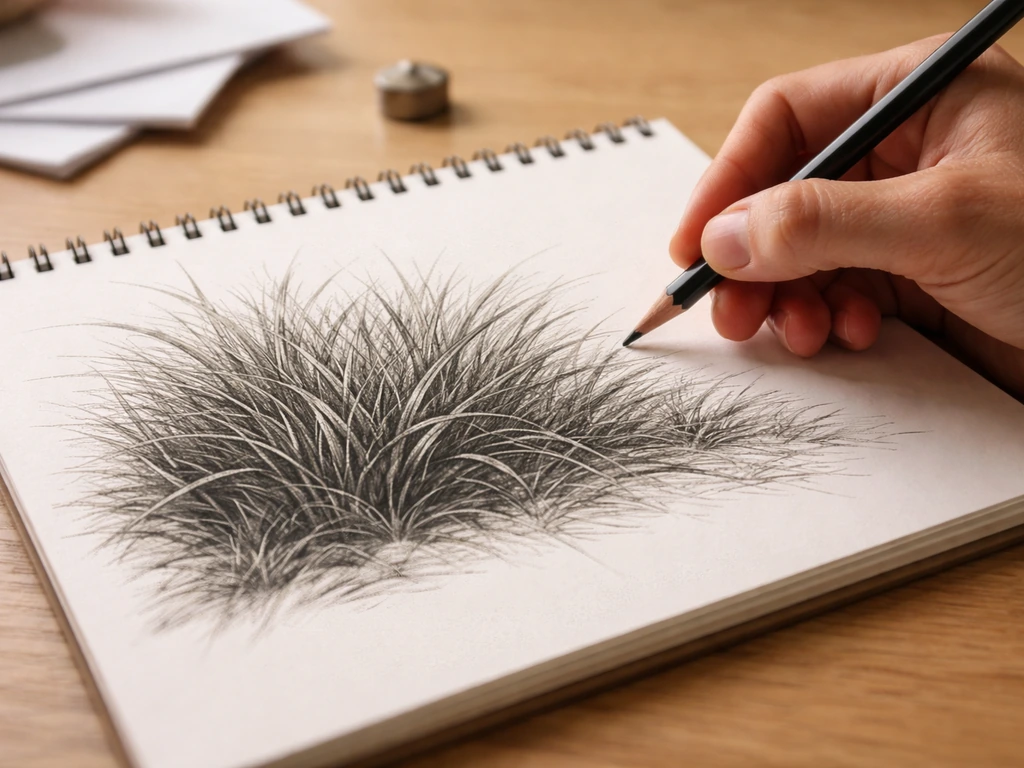 Un carnet avec des touffes d’herbe dessinées en éventail, superpositions et densité variable, main au crayon.