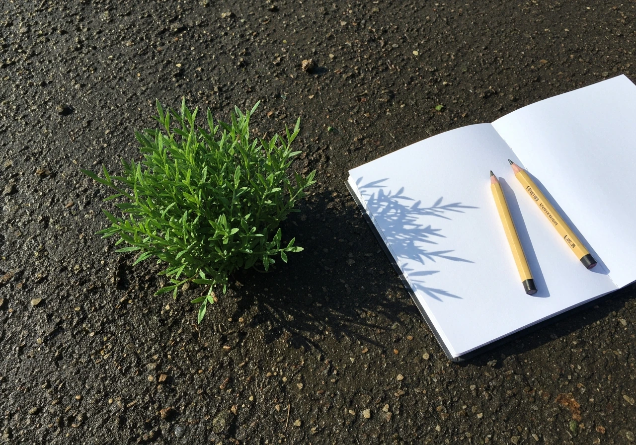 Gros plan sur des brins d’herbe et l’ombre, avec un carnet de croquis et un crayon posés à côté