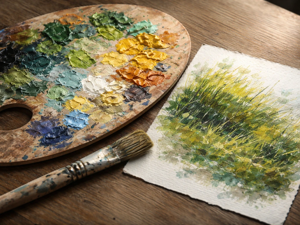 Palette de peinture et touches d’herbe impressionniste avec superpositions de couleurs vibrantes.