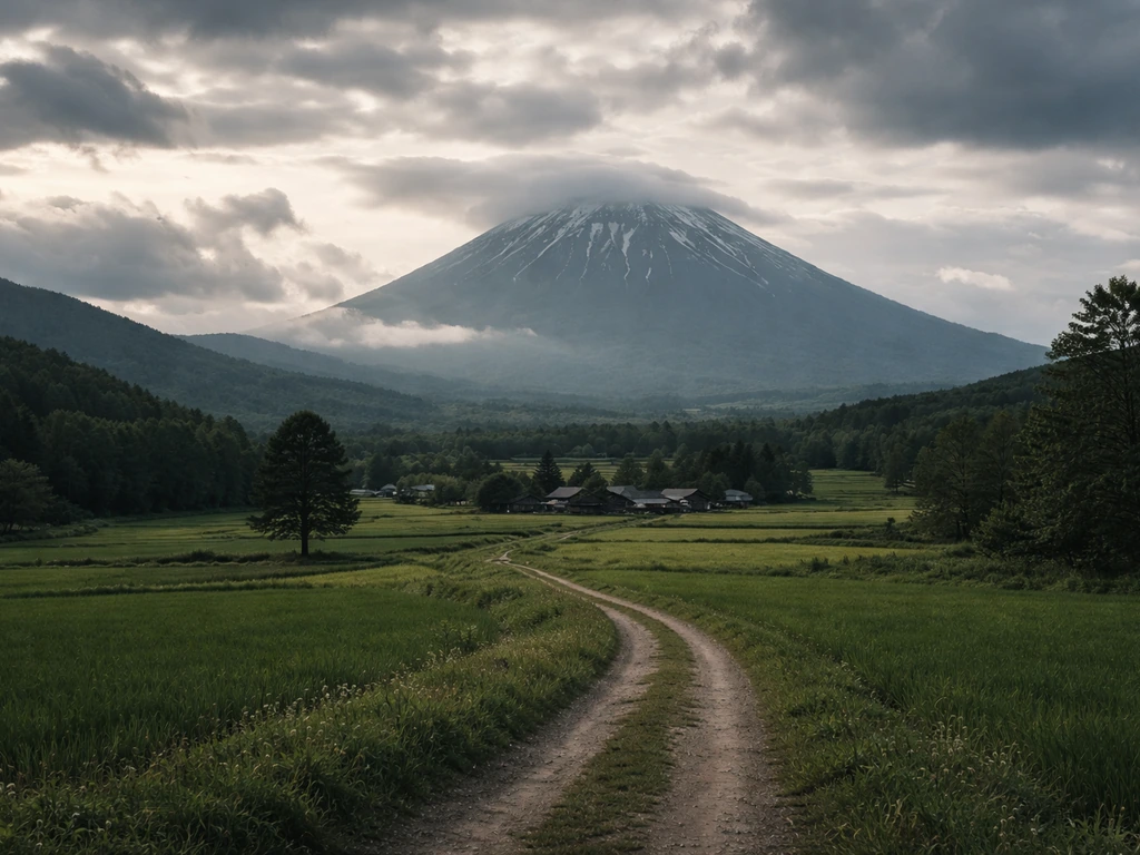 Paysage rural d’Hokkaidō autour du mont Yōtei, routes et montagnes au loin, ambiance de suspense
