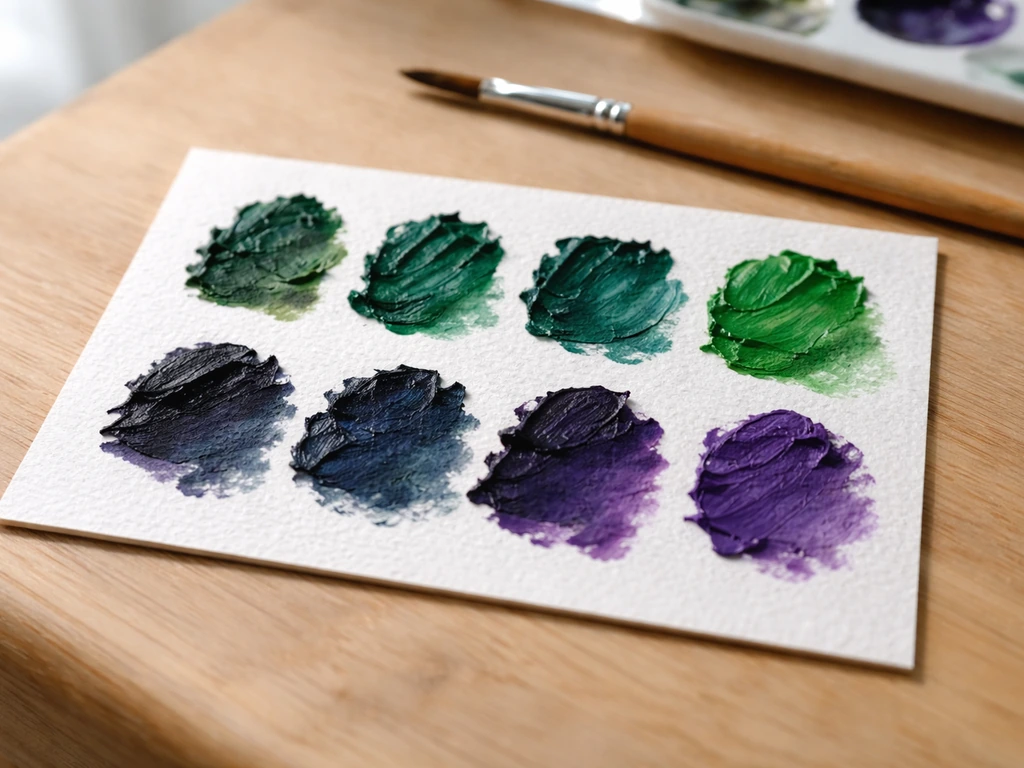 Palette d’inspiration avec échantillons de verts profonds et zones ombrées bleu-violet, vue rapprochée