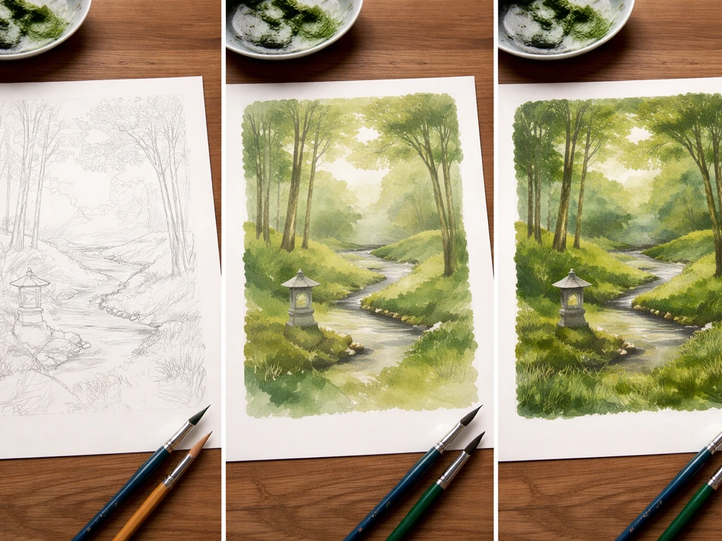 Trois vignettes photo montrant un croquis au crayon devenir une peinture verte texturée avec des touches courtes.