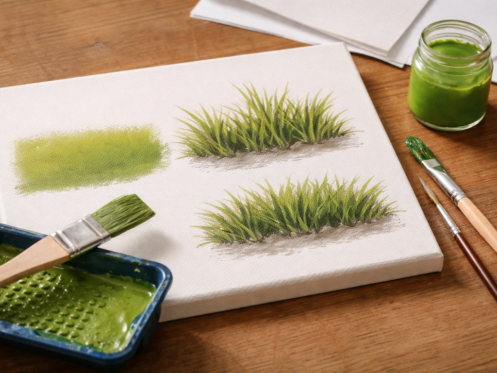 Toile d’herbe avec trois défauts de débutant visibles sur une table de peinture, pinceaux et pots de couleurs.