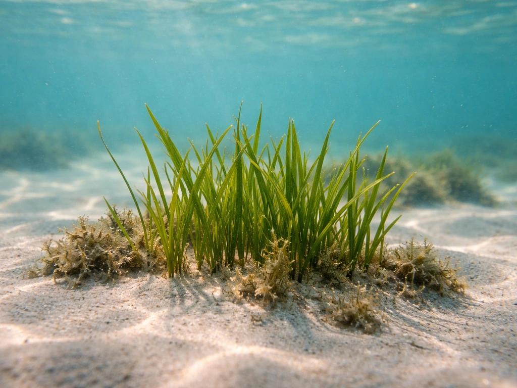 Herbe aquatique (seagrass) verte dans l’eau peu profonde, bien visible sur un fond de sable.