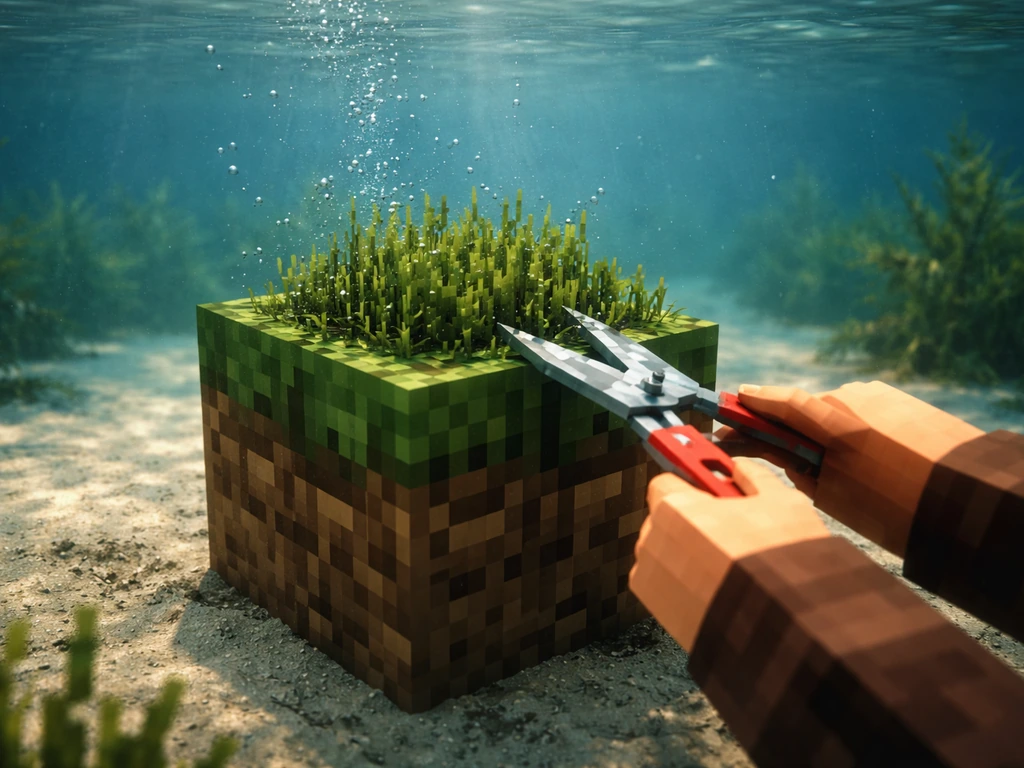 Sous l’eau, un joueur anonyme coupe de l’herbe aquatique avec des cisailles sans la détruire.