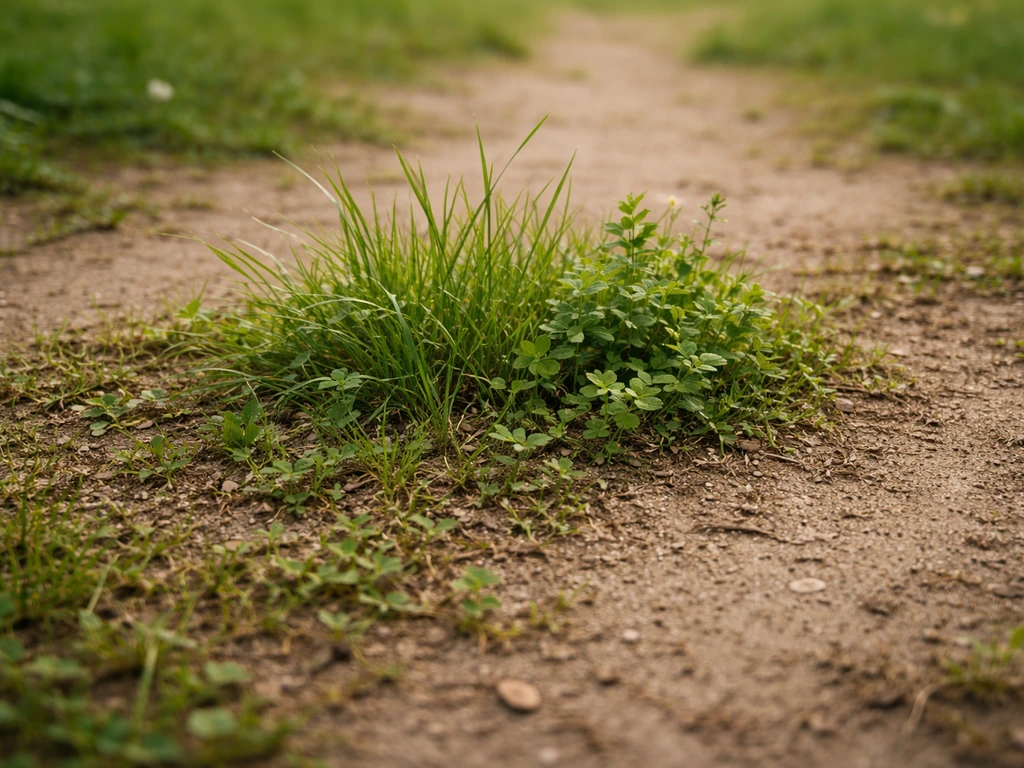 Plan rapproché d’un sol partiellement couvert de plantes, herbe dense près du centre et clairsemée sur les bords
