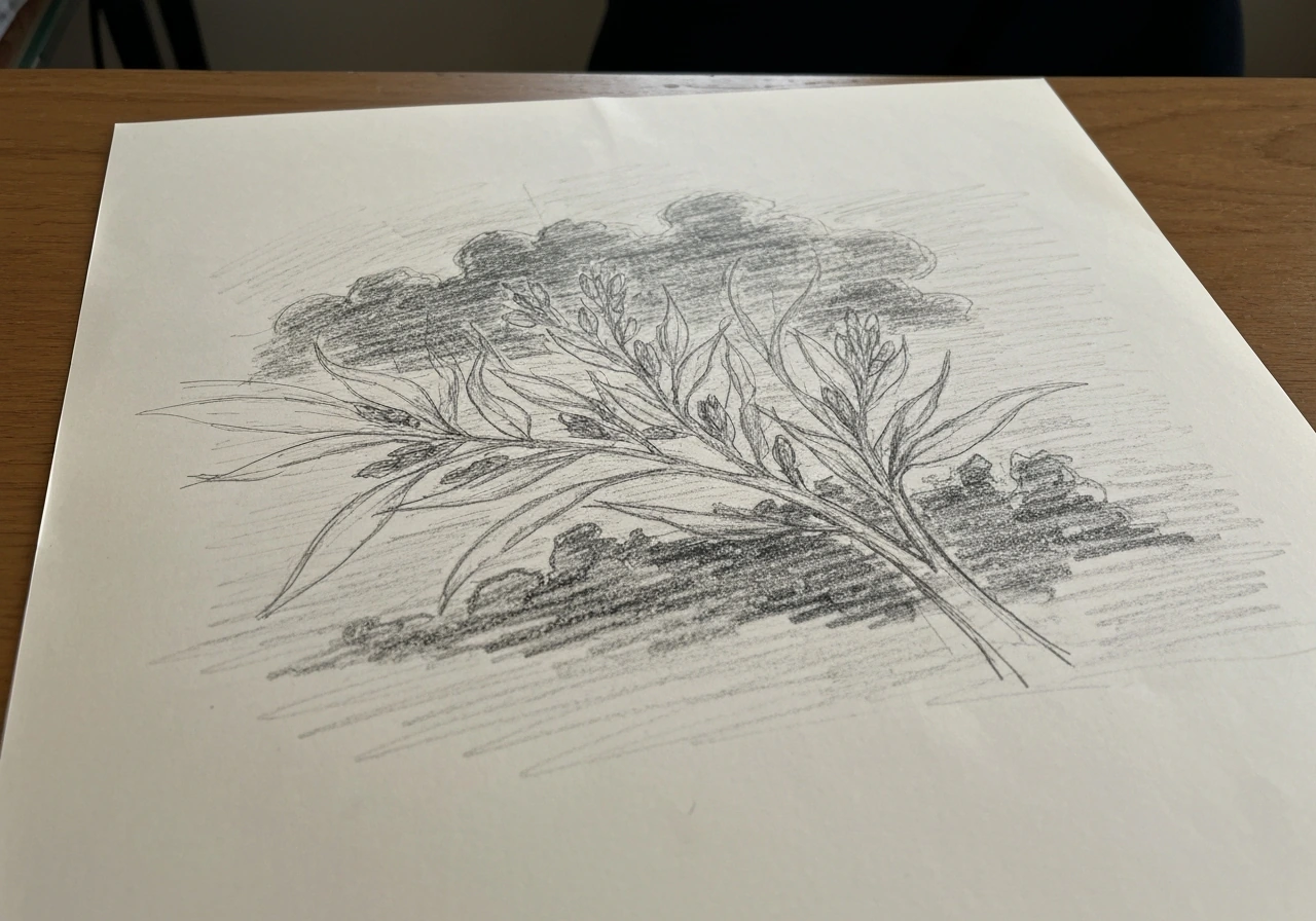Gros plan d’une esquisse d’herbe au crayon/charbon, masses lumière et ombre, tiges regroupées