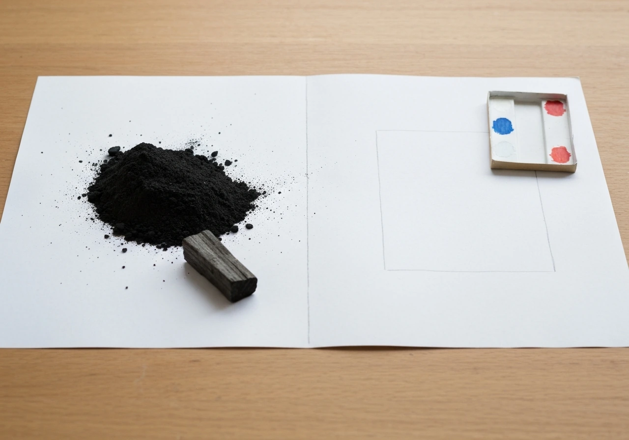 Feuille de papier avec lignes au graphite, charbon frotté et touches de couleur prêtes à peindre.