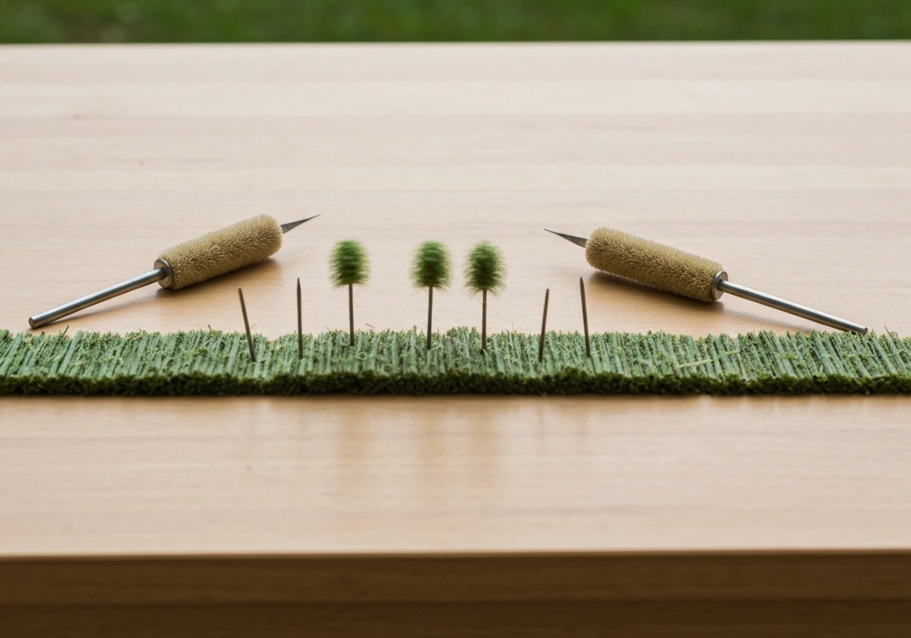 Deux pinceaux de jardin posés sur une table, avec des coups de pinceau sur une bande d’herbe.