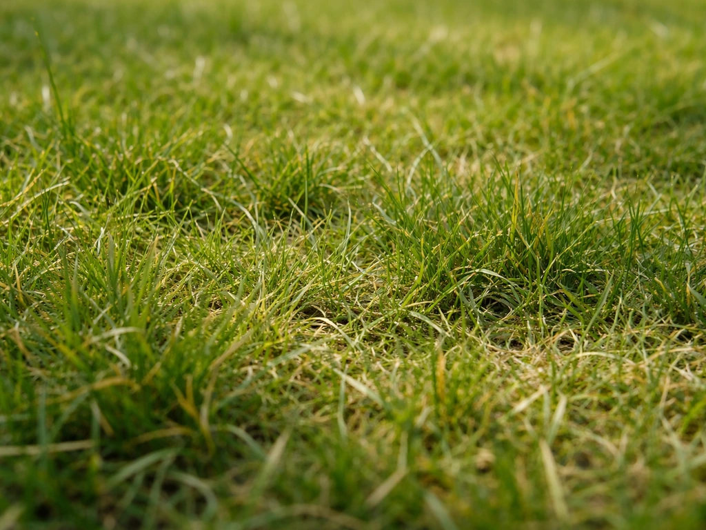 Gros plan réaliste d’herbe en lumière naturelle, jaune-vert et verts moyens, ombres et texture visibles.