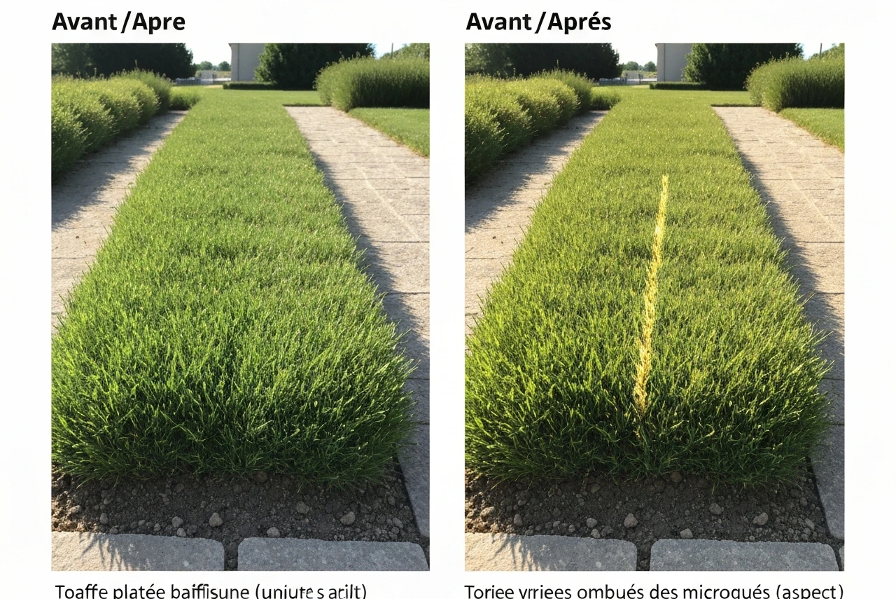 Deux vues côte à côte d’une touffe d’herbe : contraste faible puis lumière et ombre portées plus volumineuses.