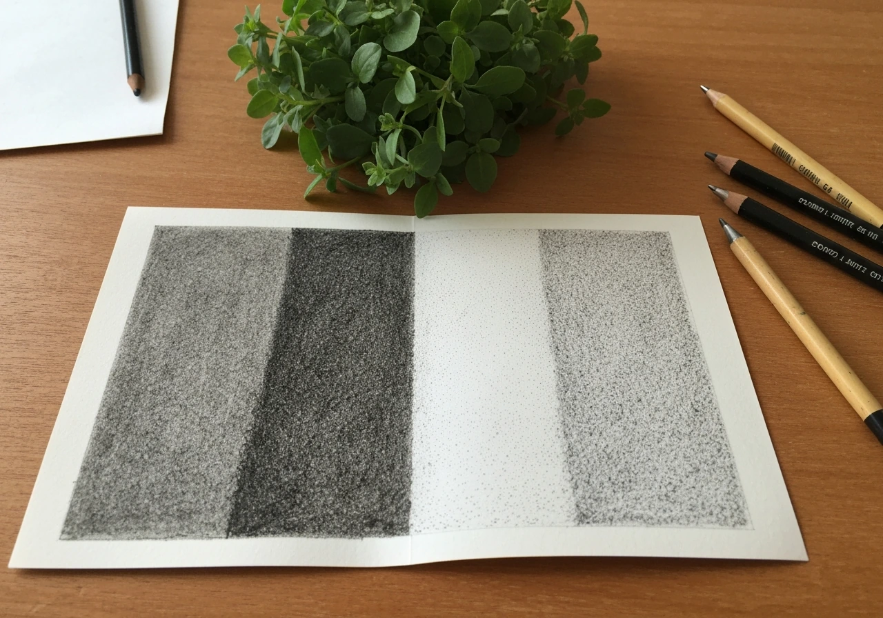 Gros plan sur une touffe d’herbe et une feuille montrant des pointillés au graphite et une zone estompée.