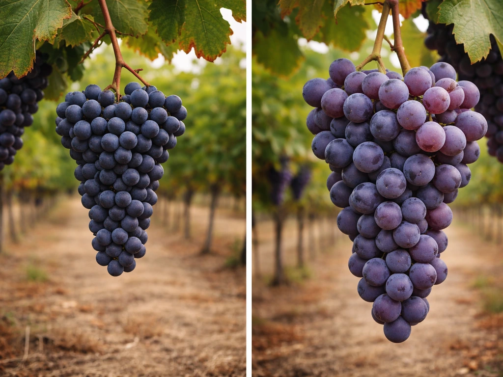 Two vineyard grape clusters side by side: smaller wine grapes and larger table grapes on vines.