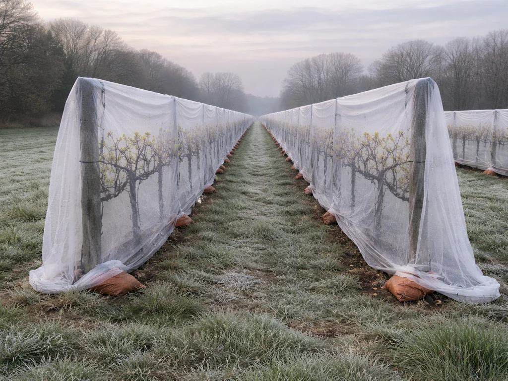 Grapevine buds under translucent row cover in a frost-prone winter vineyard row at dawn.