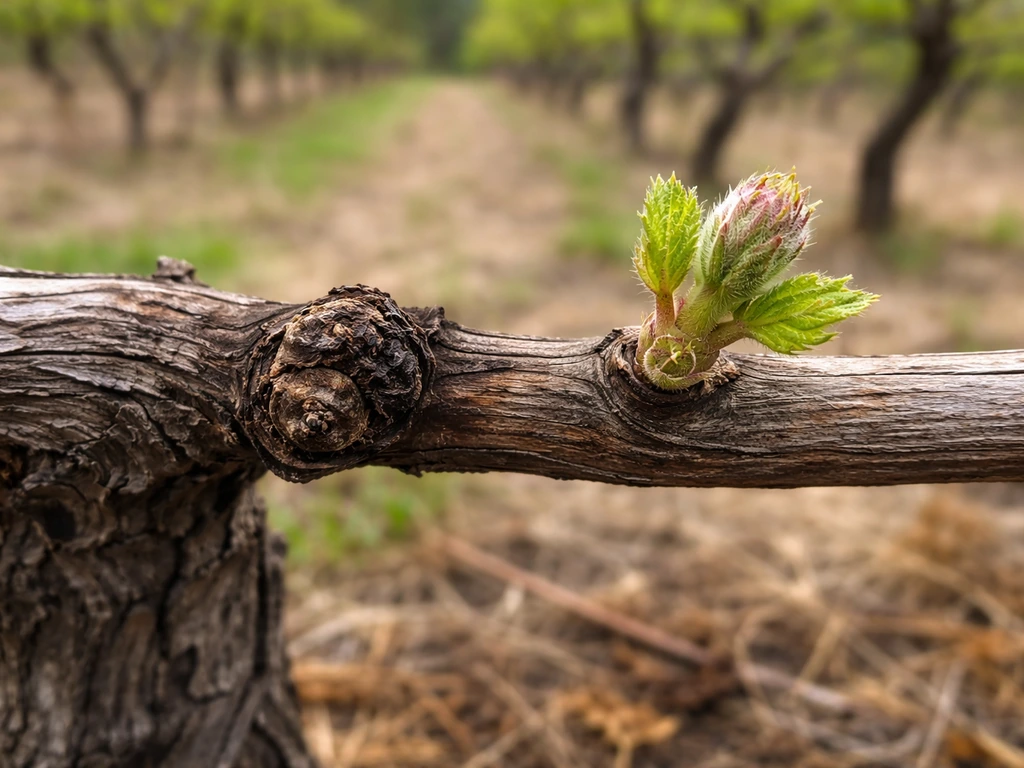 Close-up of grapevine trunk and cordon with two buds—one dark winter-damaged, one fresh green regrowth