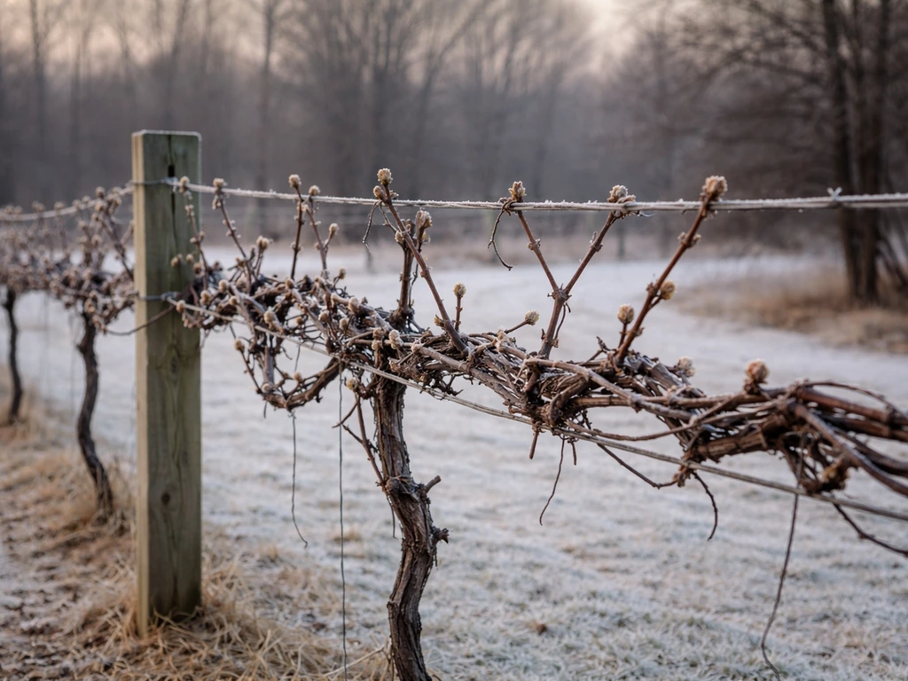 Dormant Illinois grapevine on a trellis with frost and early buds against a snowy background.