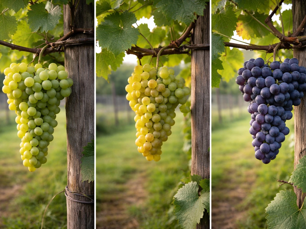 Grape vines with different grape clusters in a simple Illinois backyard setting, split by ripeness.