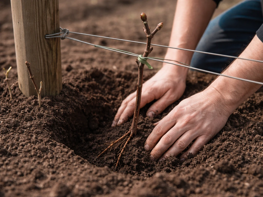 Bare-root vine being planted in soil beside a simple trellis post with wire and a gentle tie.