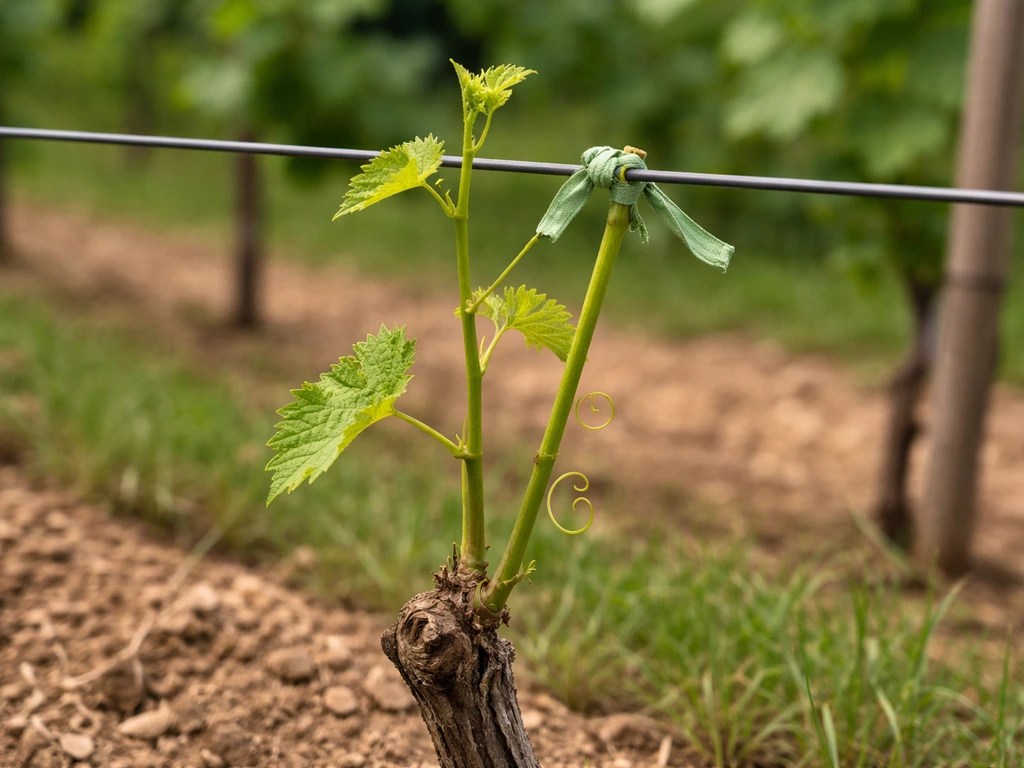 Young grapevine shoots loosely tied to trellis wire, no flowers or fruit, simple vineyard background.