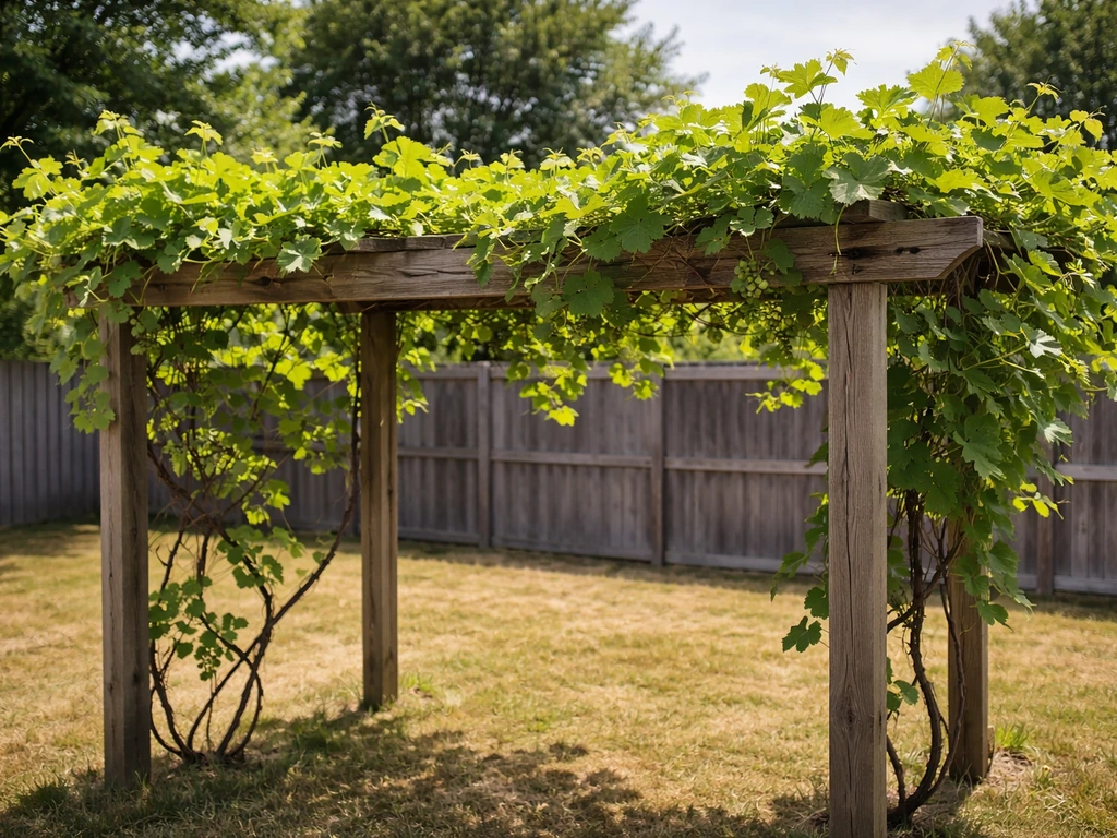 Cold-hardy grape vines growing on a backyard trellis in Kansas, with lush new leaves in natural light.