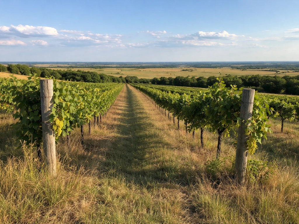 Cold-hardy grapevines on a sunny Kansas hillside vineyard with open sky and distant fields