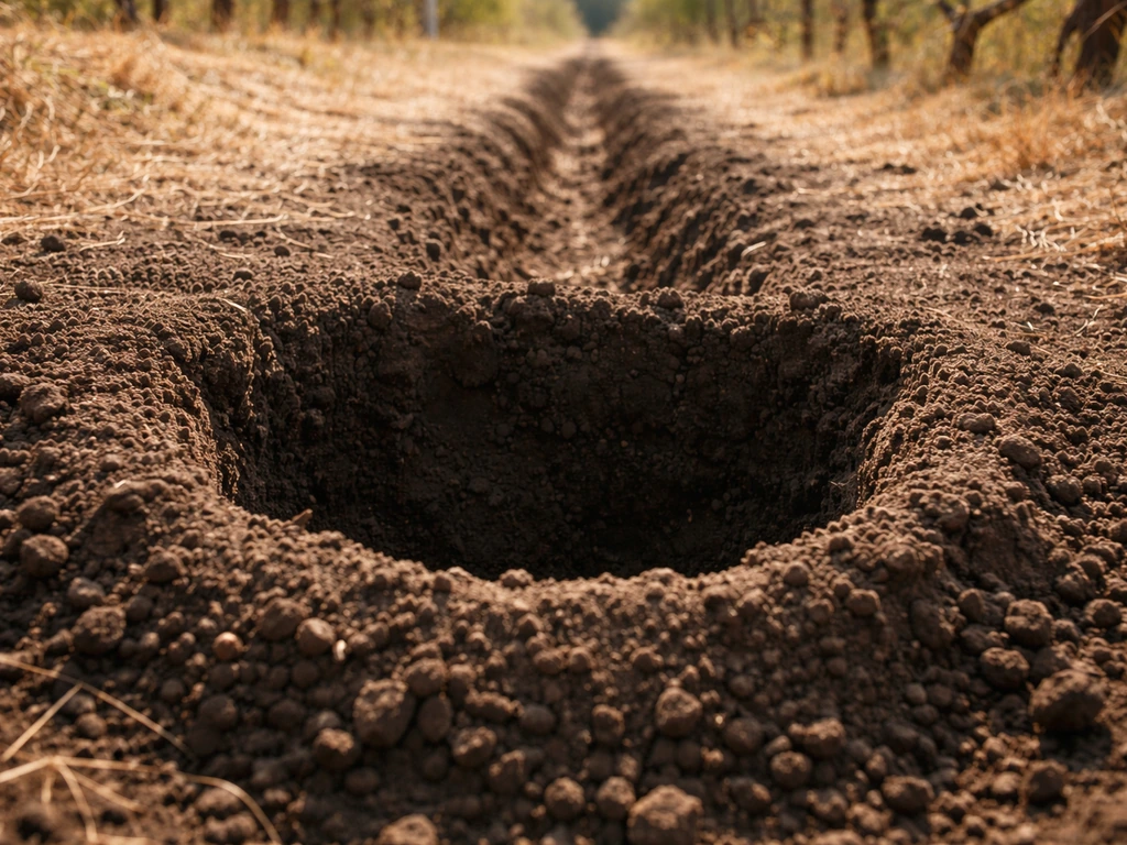 Close-up of a prepared planting hole on a sunlit south-facing slope with raised soil mound and drainage.