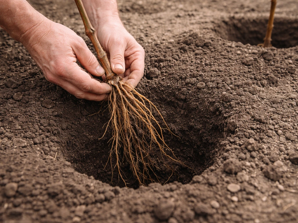 Hands placing a dormant bare-root grape vine into a spring planting hole with spacing visible.
