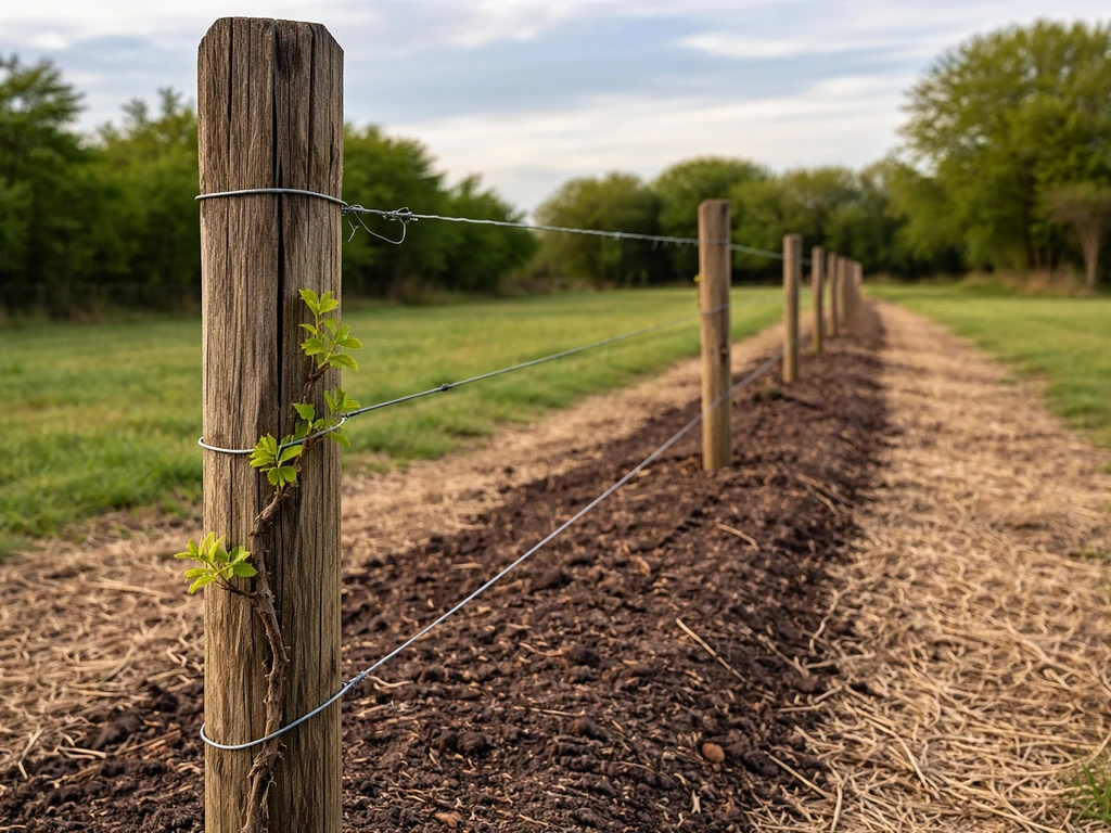 Kansas backyard garden row with posts and two-wire trellis, wires stretched, trunk trained upward on a young vine.