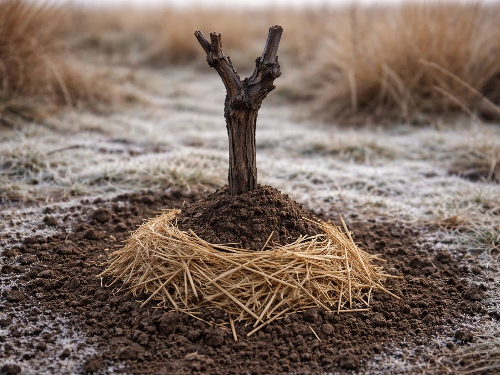Young grape vine with mounded soil and straw insulation at the base, outdoors in winter.