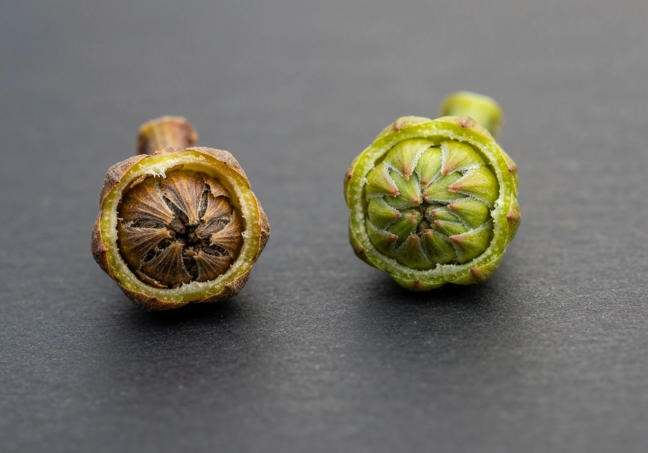 Cut-open grapevine buds side by side: one browned from cold damage, one green and healthy.