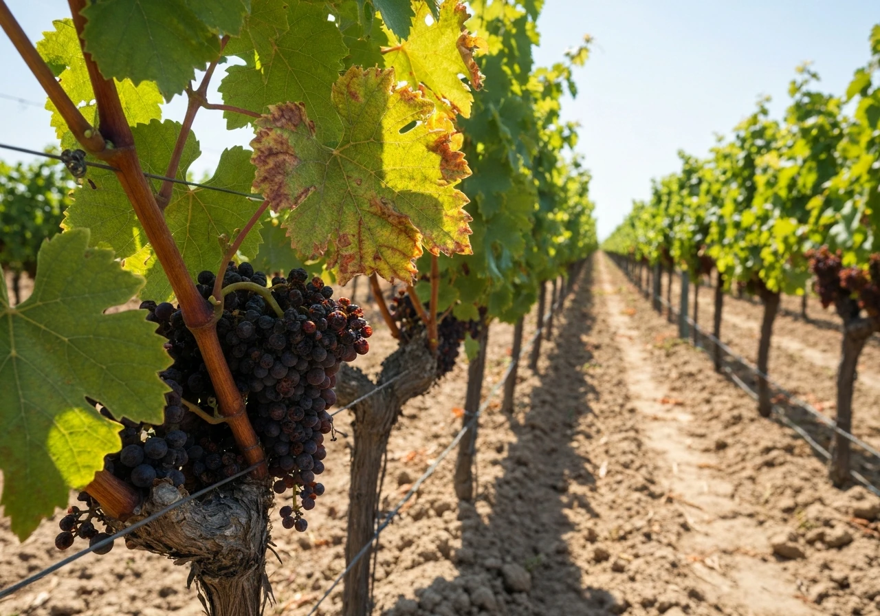 Hot, dry vineyard with sun-bleached grape clusters and scorched leaves in bright summer light.