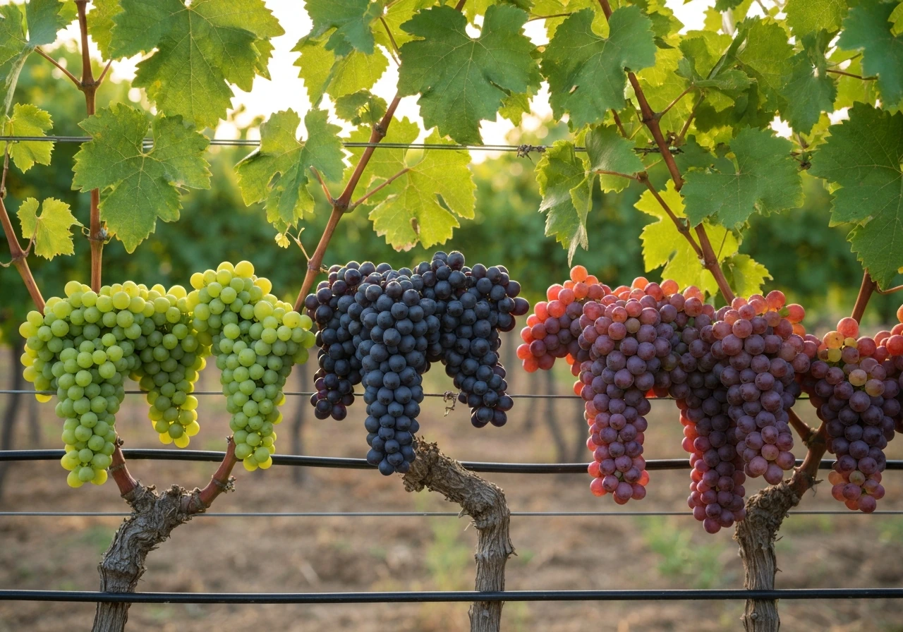 Close view of grape clusters in a vineyard row, showing different grape varieties by color and shape.