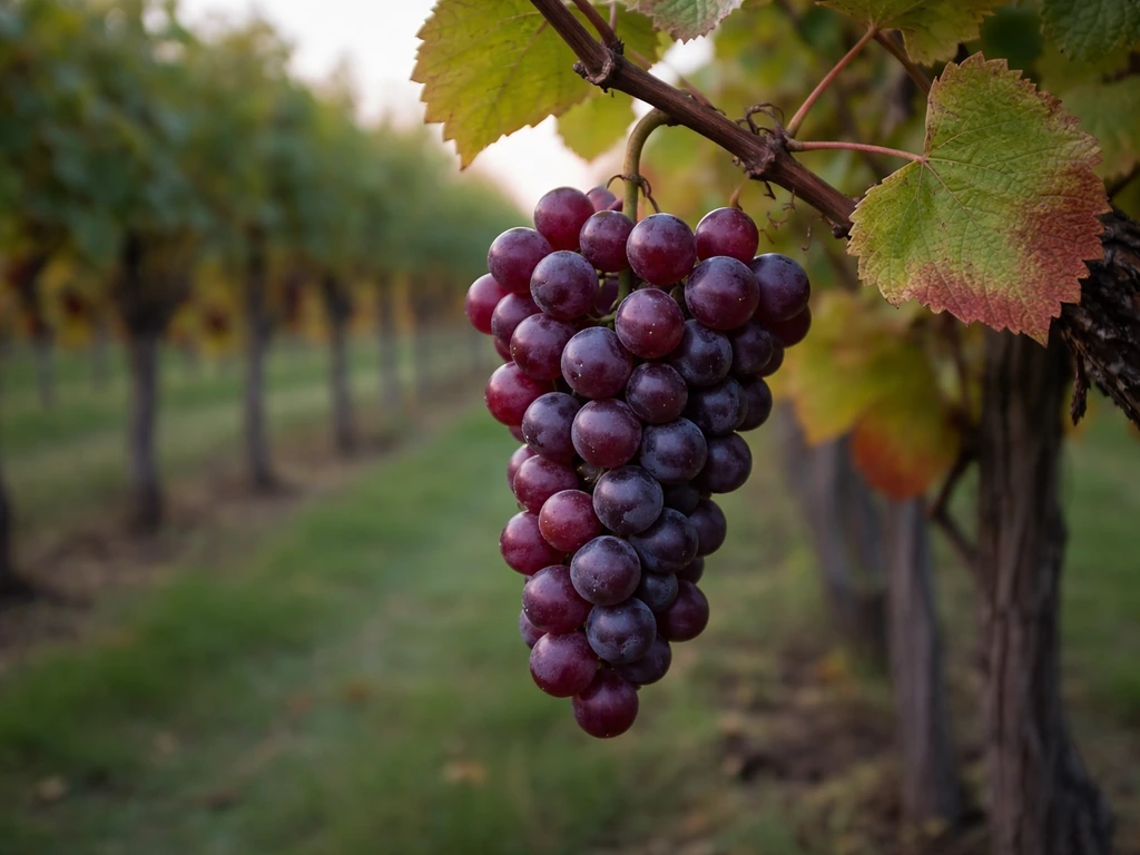 Cold-hardy Frontenac grape cluster on a Wisconsin vineyard vine in summer, natural light