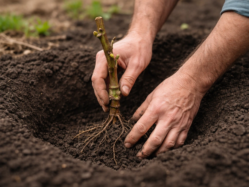 Bare-root grape vine planted in a prepared garden hole with careful graft union placement and pruning buds.