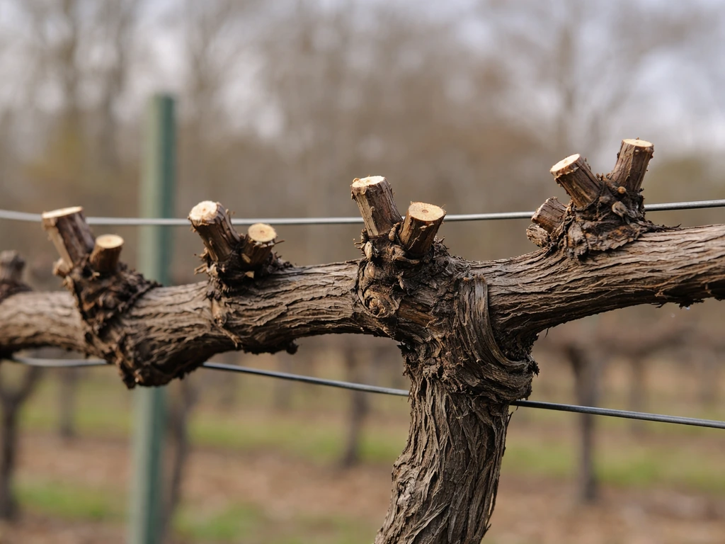 Close view of dormant grapevine with trimmed canes and visible pruning cut points on spurs.