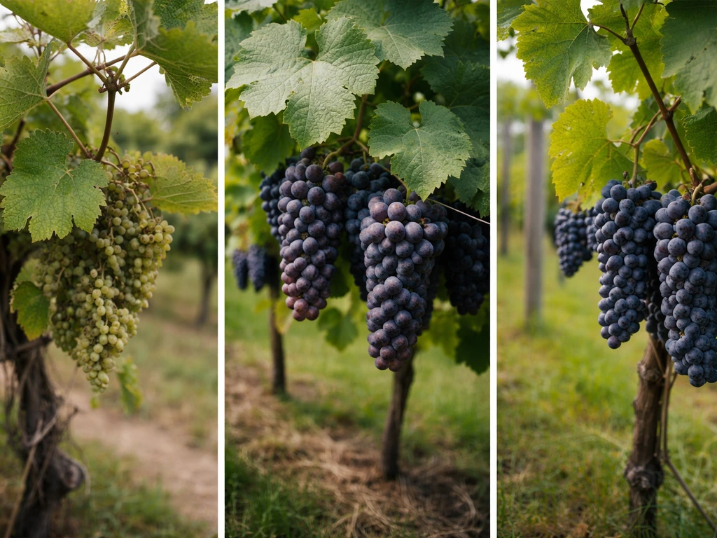 Three minimal vineyard vignettes showing cold-hardy hybrid, American grape, and European wine grape foliage
