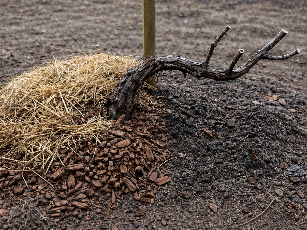 Winter-hardy grapevine under mulch cover beside an unprotected bare vine in a cold-climate yard.