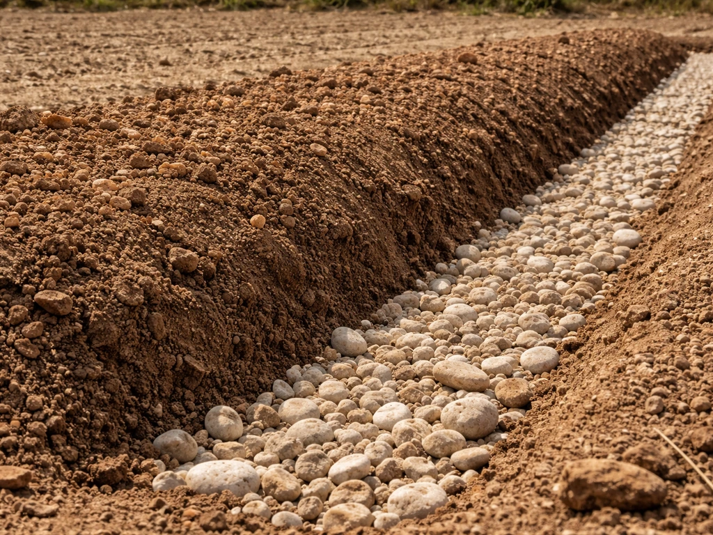 Raised garden berm with well-drained, crumbly soil and a clear gravel drainage path beside it