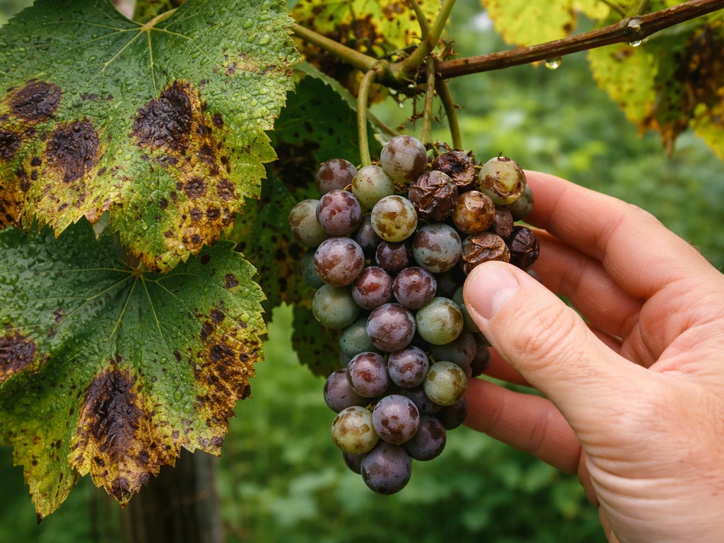 Closeup of grapevine leaves with brown black-rot-like spots while a hand inspects nearby clusters.