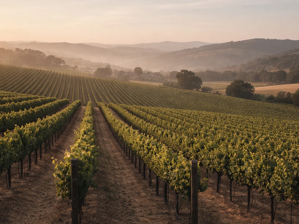 Rolling vineyard hills with grape rows under soft coastal mist, representing US West Coast wine region.