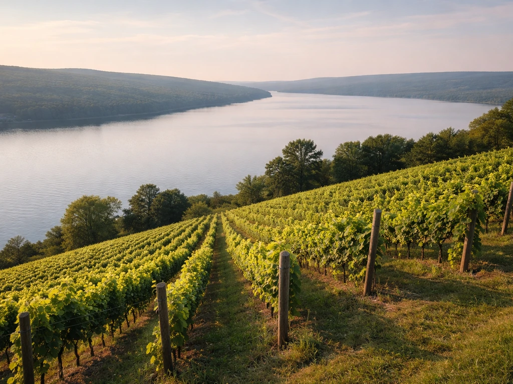 Hillside vineyard with trellised vines overlooking a calm lake in the Finger Lakes at golden hour.