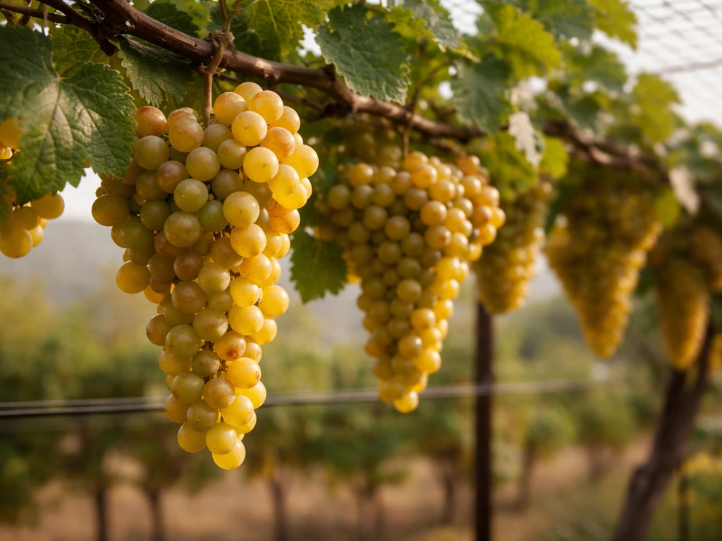 Close-up of maturing grape clusters on a trellised vine in a warm, humid valley with subtle irrigation lines