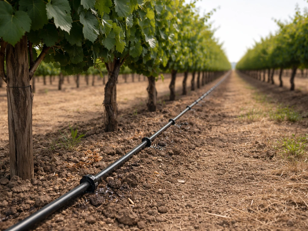 Drip irrigation line running along vine rows in a minimal vineyard scene at golden hour.