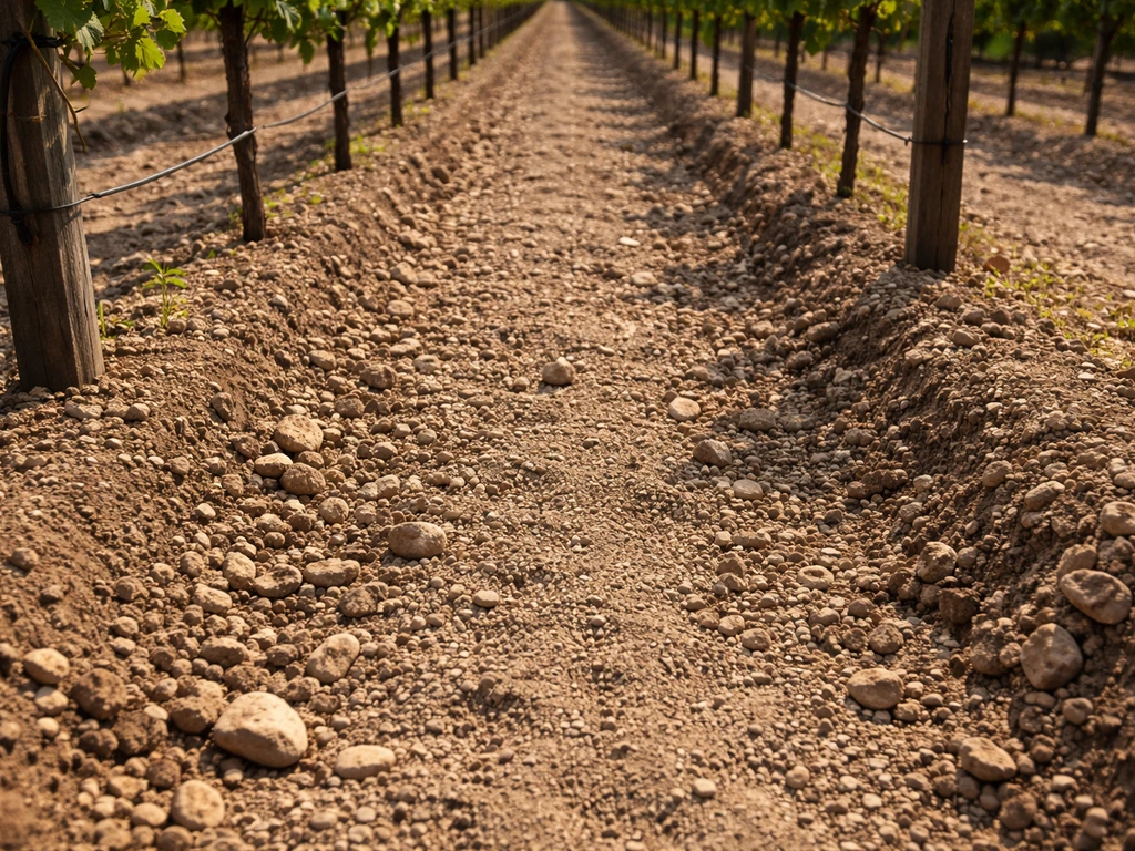 Vineyard row with gravelly, well-drained sandy loam soil under a trellis, no standing water