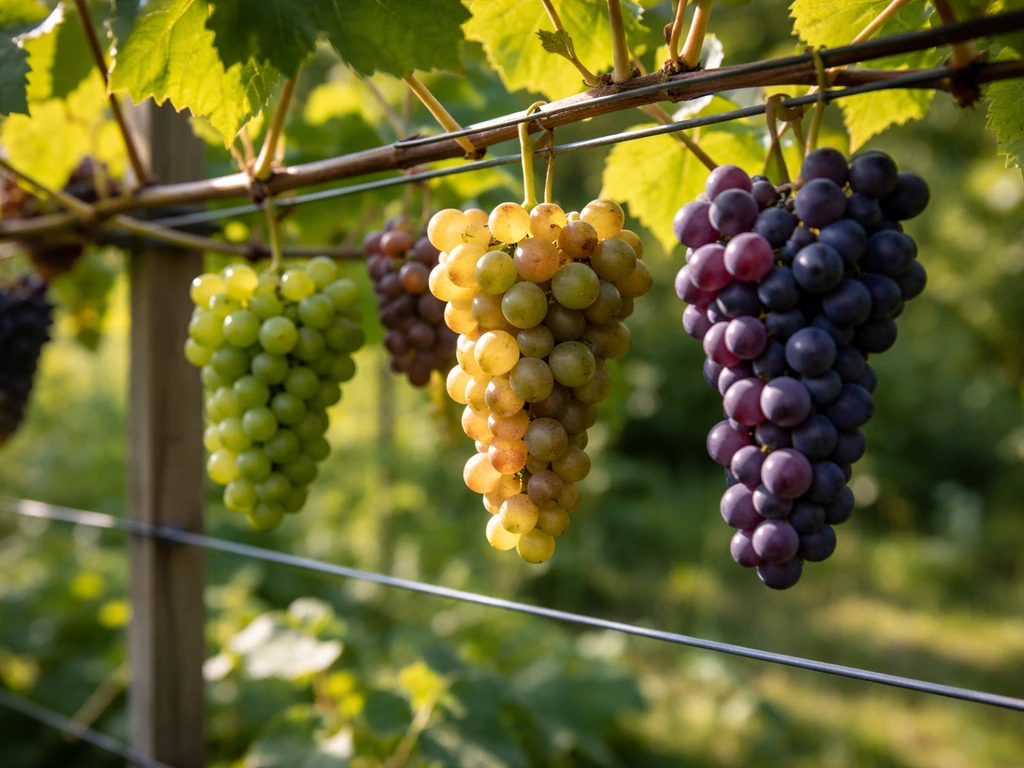 Close-up of a grapevine trellis with multiple grape clusters at different ripening stages.