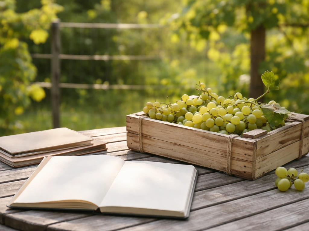 Grapes in a wooden crate on a patio table beside a grapevine trellis, natural light, minimal scene.